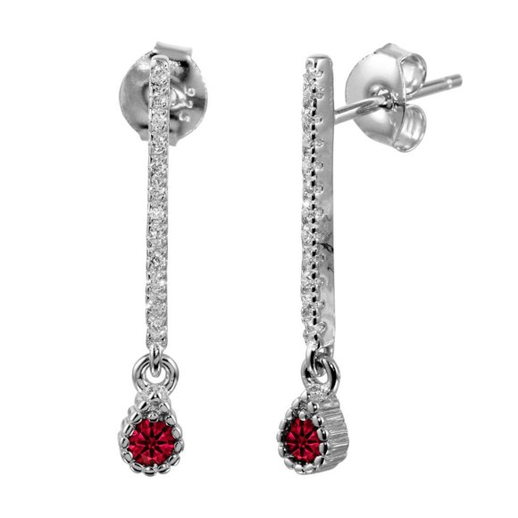 Silver 925 Rhodium Plated Red CZ Bar Drop Earrings - Picture 1 of 3